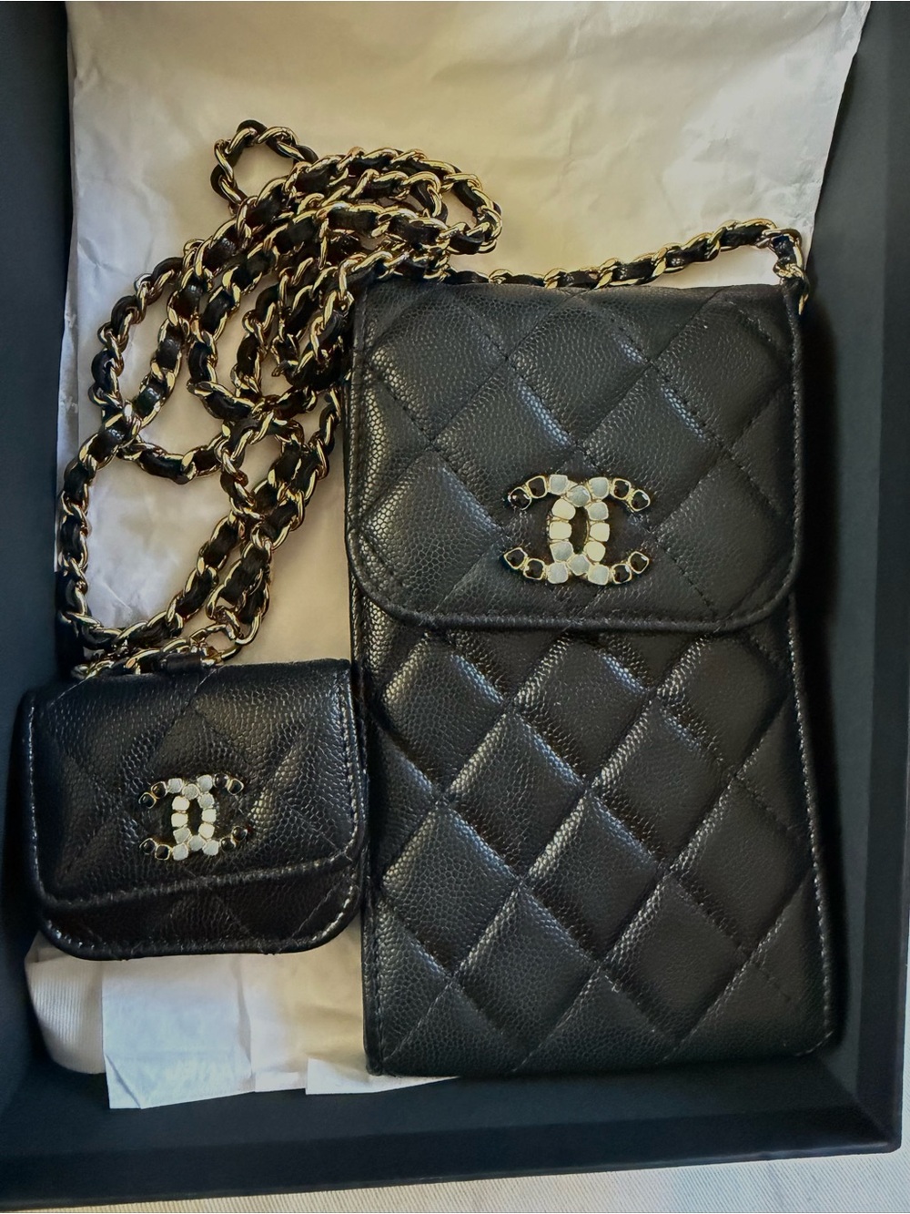 Chanel Quilted Caviar Crystal Cc i phone holder& AirPod case Crossbody